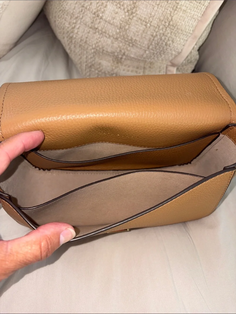 Tory Burch Thea Caramel Tan Pebbled Leather Crossbody with Gold Hardware